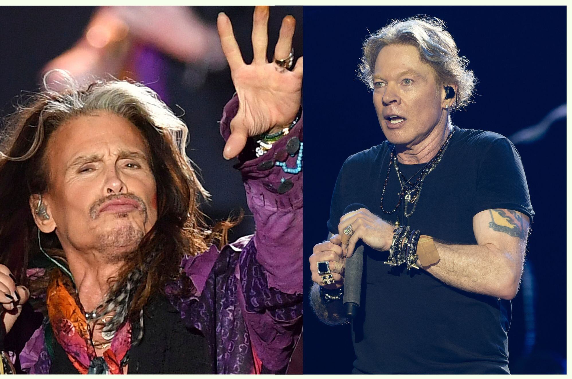Steven Tyler y Axl Rose, dos vocalistas de legendarias bandas de rock, están en el ojo del huracán ante estas denuncias. Foto: WikiCommons y AFP.