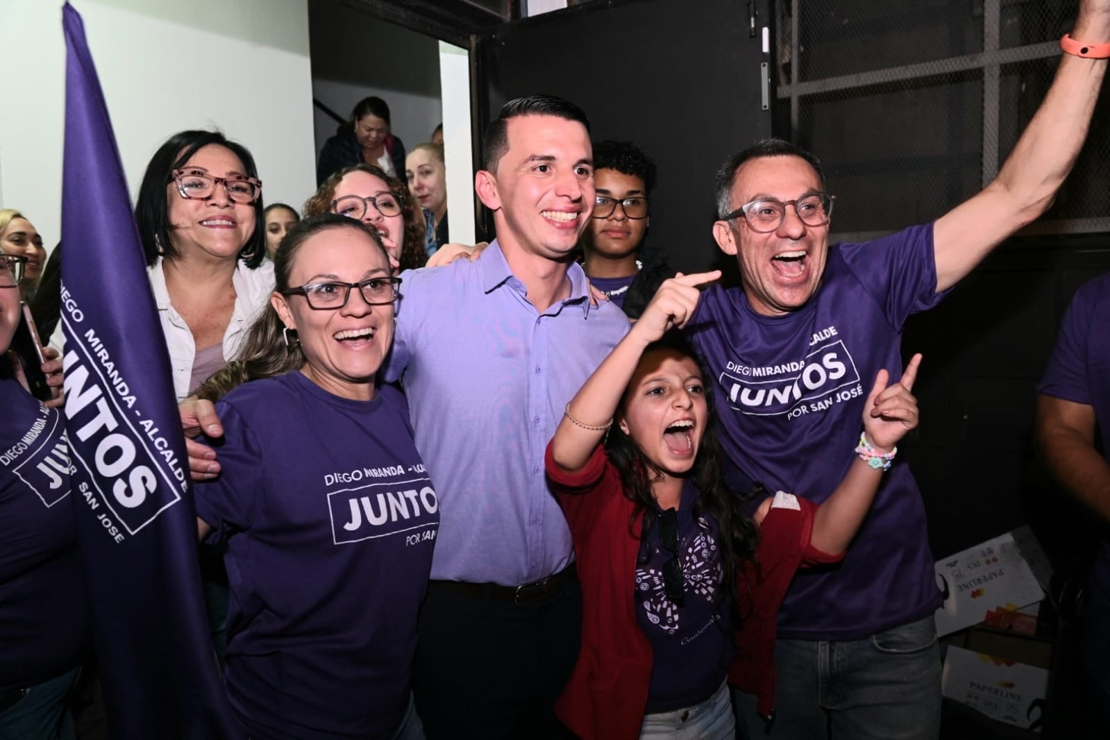 04/02/2024, San José, Casa de campaña del partido Juntos, llegada del nuevo alcalde del cantón central de San José Diego Miranda.