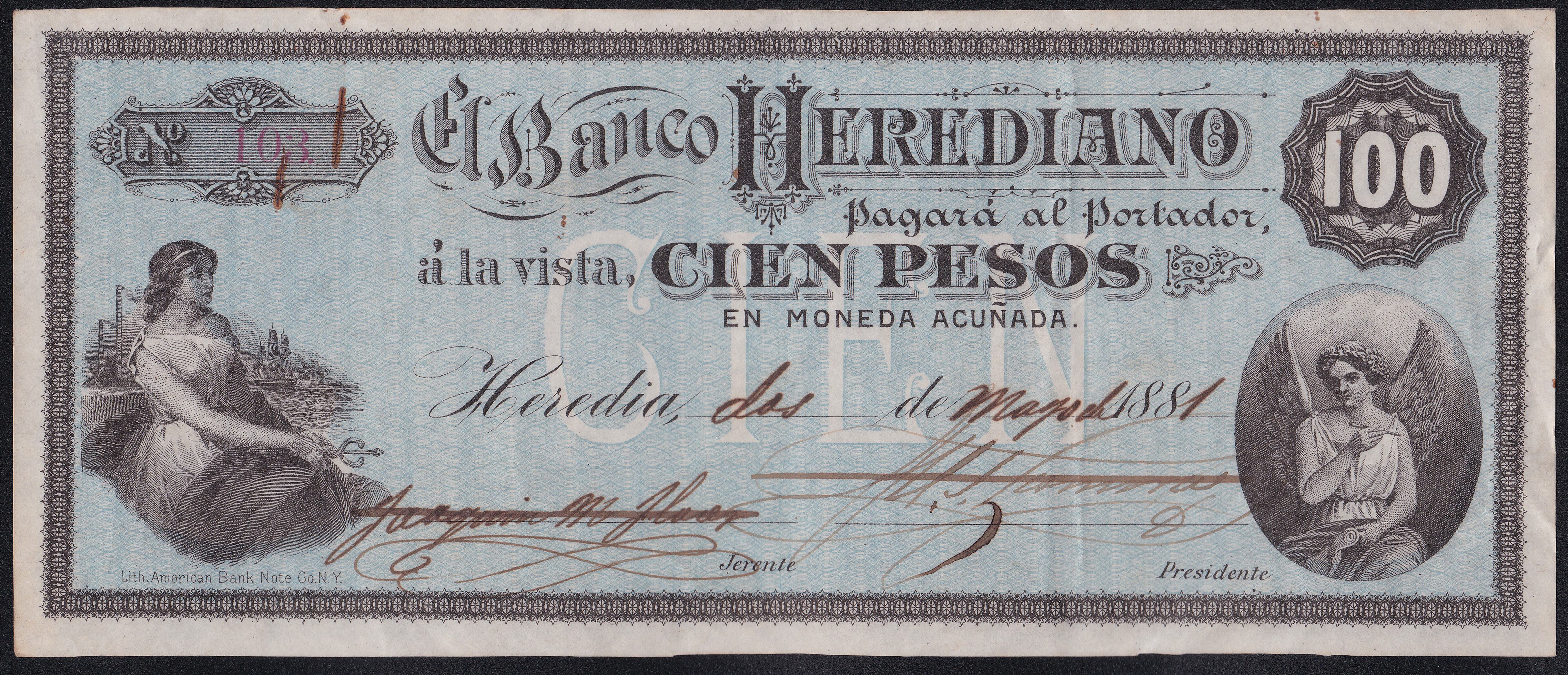 Billete de 100 pesos, del Banco Herediano, 1881, de la colección del Museo de Numismática.