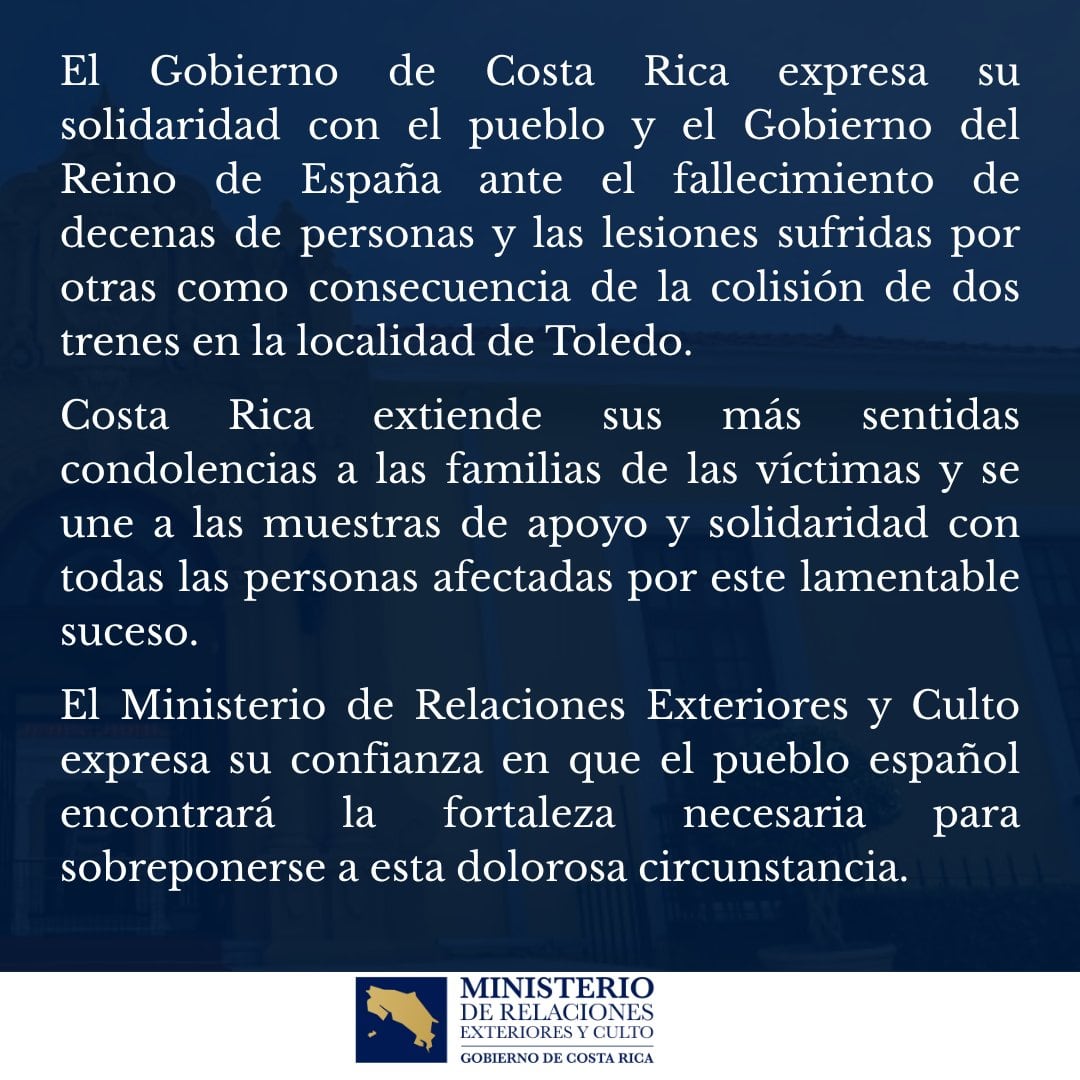 Mensaje de Cancillería de Costa Rica sobre el choque de trenes en España.