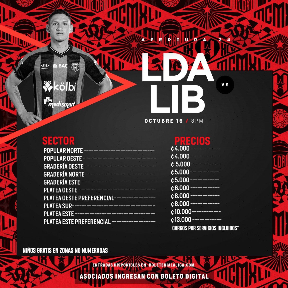 Estos son los precios de las entradas para el partido entre Liga Deportiva Alajuelense y Liberia, pactado para este miércoles 16 de octubre en el Estadio Alejandro Morera Soto.