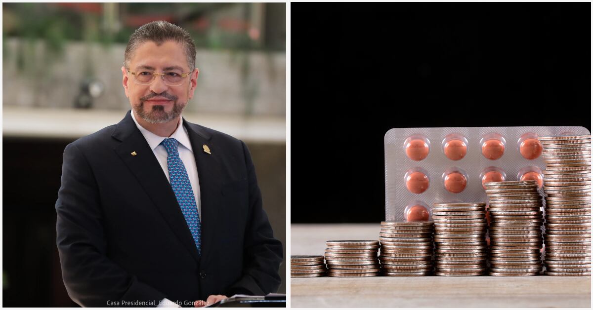 Retrato del presidente Rodrigo Chaves junto a una representación conceptual del alza en los precios de medicamentos, ilustrada con monedas apiladas frente a una caja de pastillas.