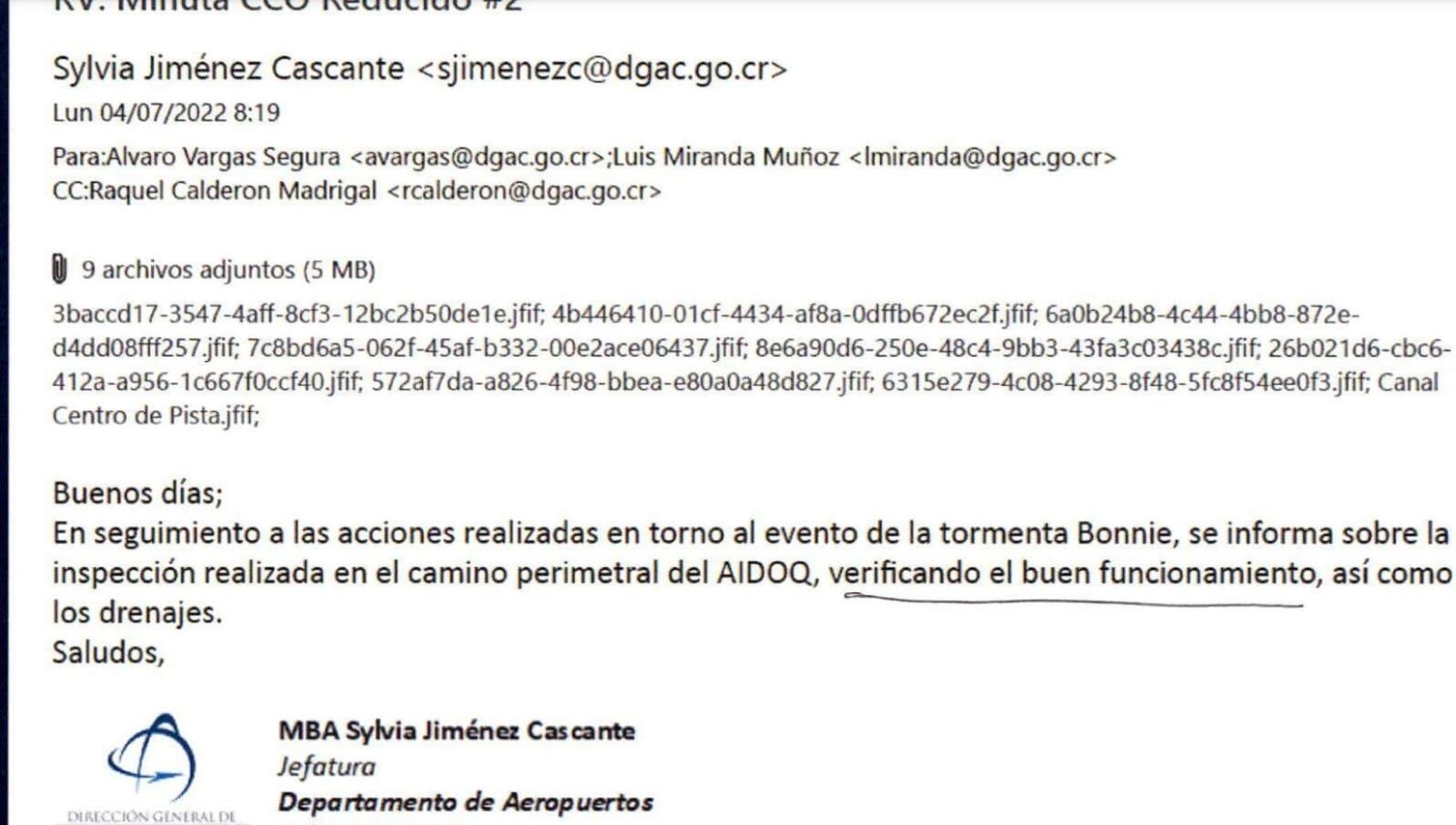 El 4 de julio, tras el paso de la tormenta Bonnie la jefa de aeropuertos reportó a su superior la condición del aeropuerto de Liberia. Foto: Captura de pantalla informe DGAC.