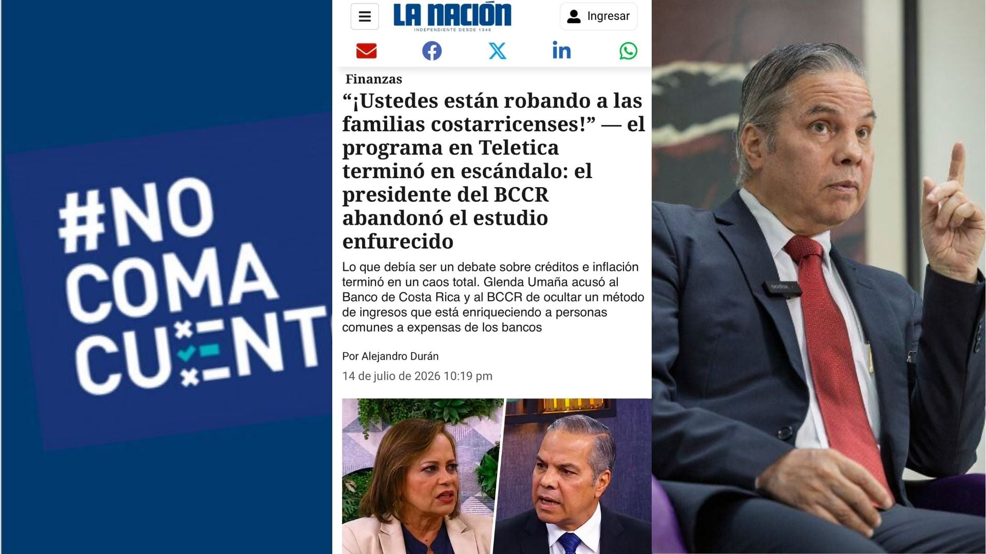 Una página falsa replicó la imagen del sitio web del diario 'La Nación' para difundir contenido inexistente de Róger Madrigal, presidente del BCCR, y la periodista Glenda Umaña.