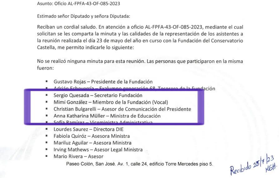 Christian Bulgarelli Rojas. Asesor de Comunicación del presidente Rodrigo Chaves. Carta nota enviada por ministra de Educación Müller a diputados del Frente Amplio 13 julio 2023