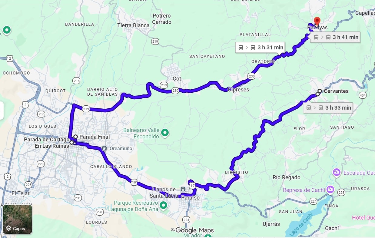 Ruta en bus de Cervantes a Pacayas