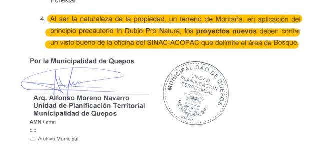 El arquitecto Alfonso Moreno Navarro, de la Unidad de Planificación Territorial de la Municipalidad de Quepos, alertó sobre la necesidad de que el Sinac delimitara el área de bosque en la finca.