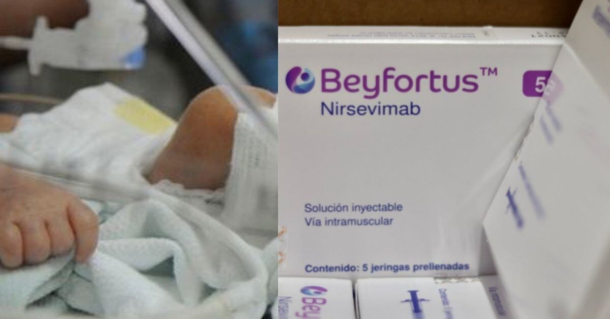 Una composición fotográfica. A la izquierda, un bebé en una cama de hospital, solo se ven manos y piernas. A la derecha, el anticuerpo que se usaría en ellos.