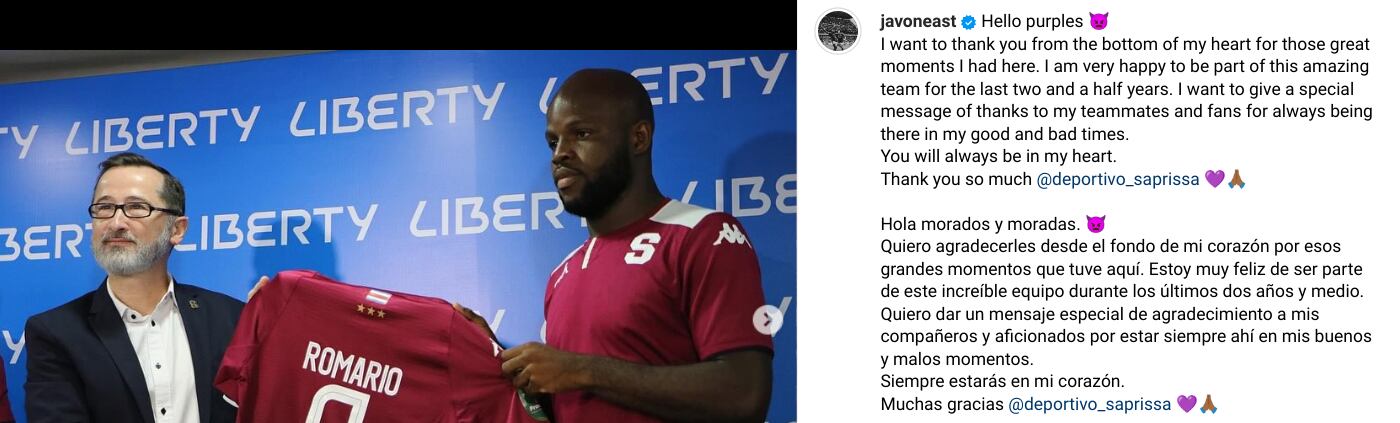 Javon East se despide de Saprissa