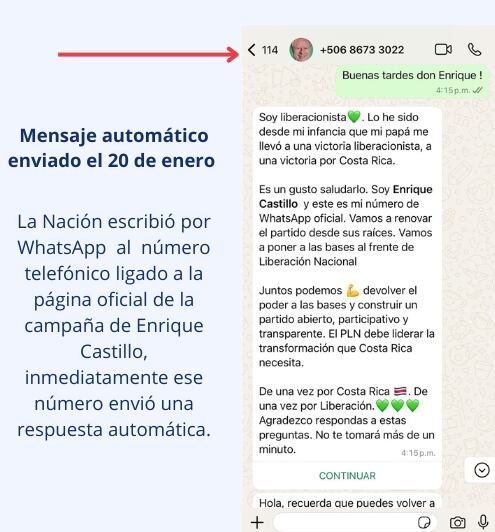 Captura del mensaje automático enviado por la campaña de Enrique Castillo