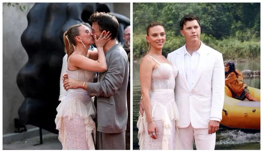 Scarlett Johansson protagonizó un beso con su colega Jonathan Bailey durante el estreno de ‘Jurassic World’ en presencia de su esposo.