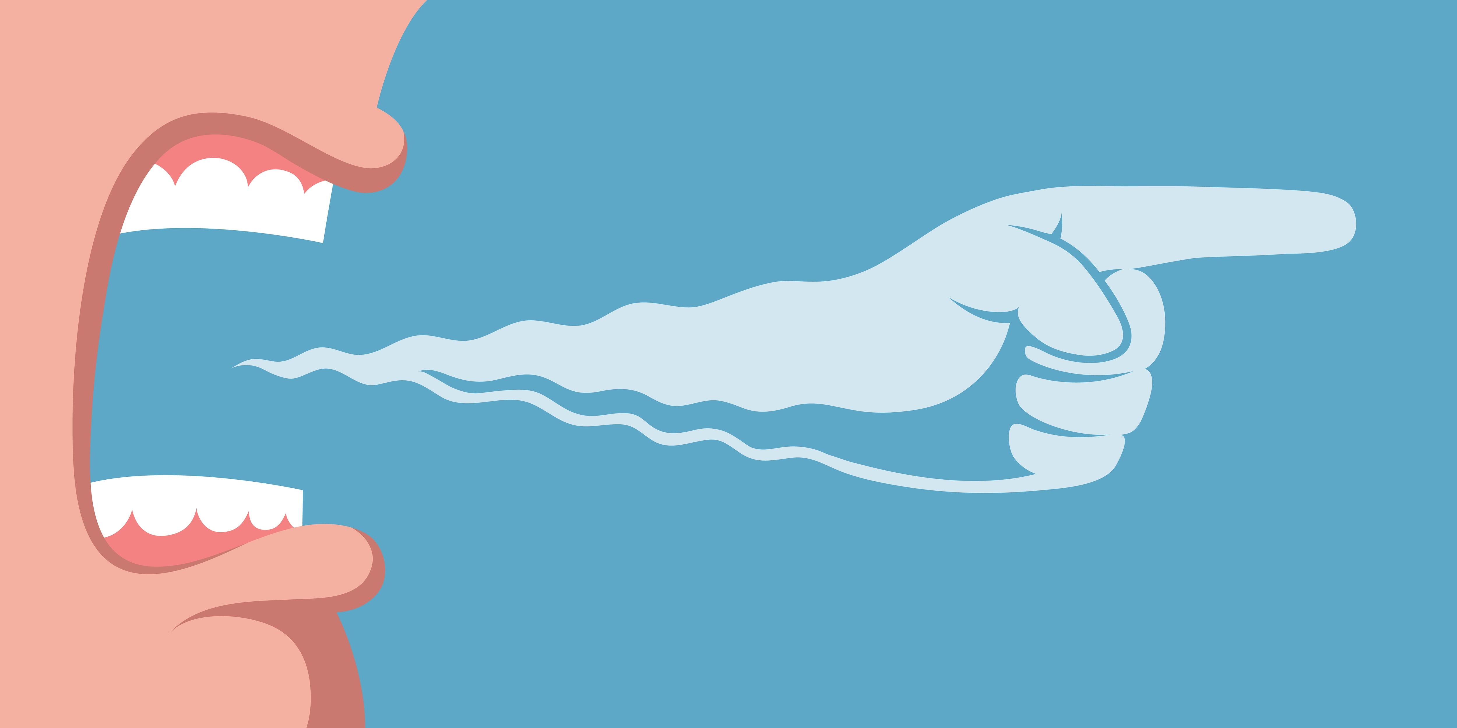 Boca abierta gritando y mano que sale de la boca y señala