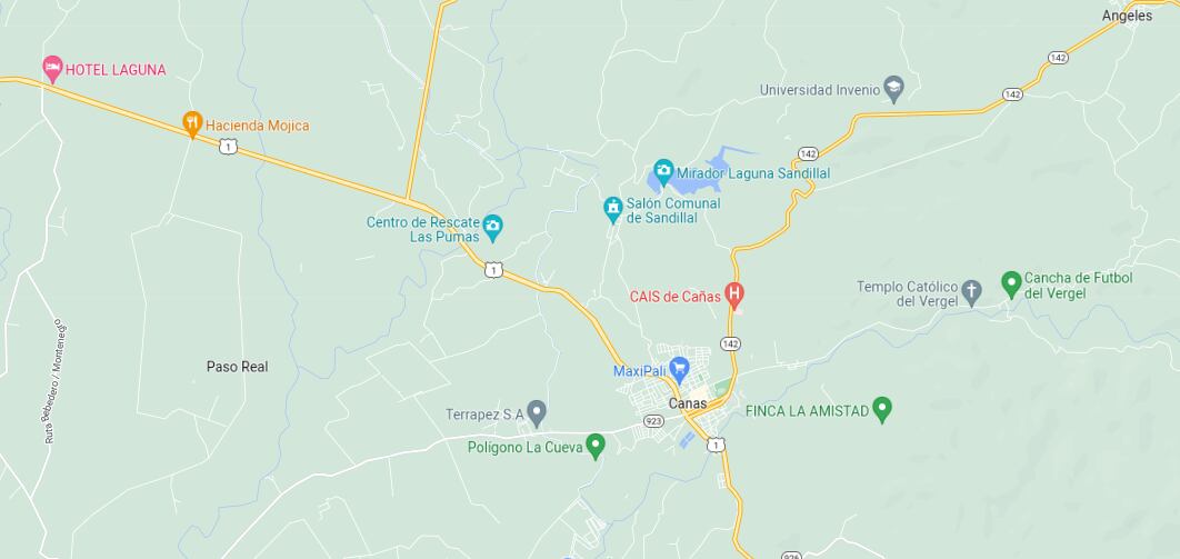 El OIJ investiga la muerte de una mujer dentro de su casa en Cañas, la mañana de este viernes. Imagen : Google mps.