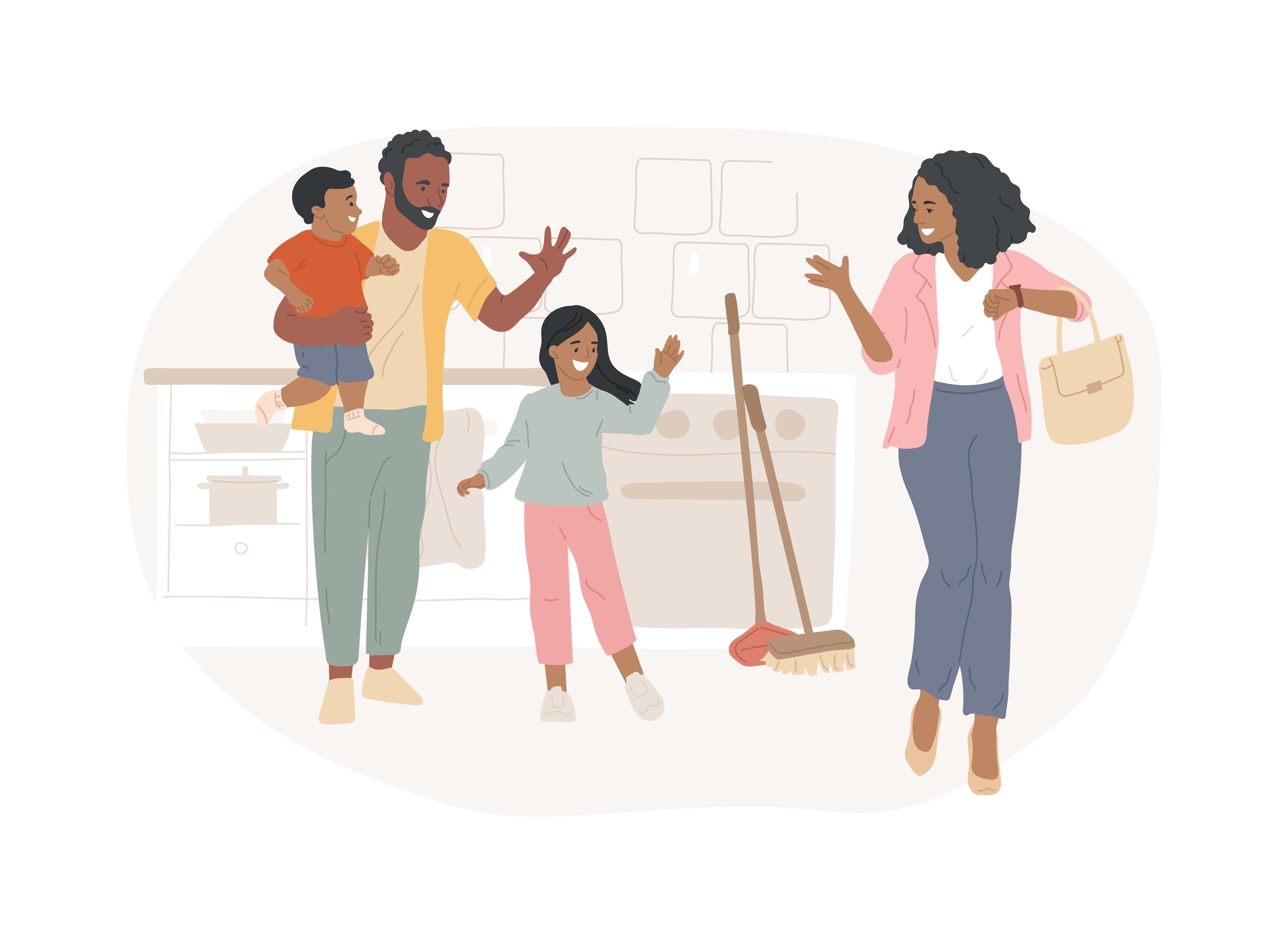 Ilustración de una familia en su hogar; el padre sostiene a un niño pequeño, la madre llega del trabajo y una niña sonríe, representando el equilibrio entre la vida laboral y familiar en el contexto de las jornadas excepcionales de trabajo.
