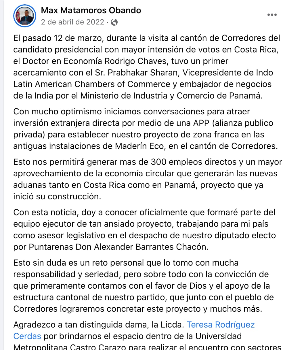 Max Matamoros, asesor del diputado oficialista Alexander Barrantes, expresó en abril del 2022, que trabajaría en el establecimiento de una zona franca en Corredores, vinculada con Prabhakar Sharan. Foto: Pantallazo Facebook Max Matamoros