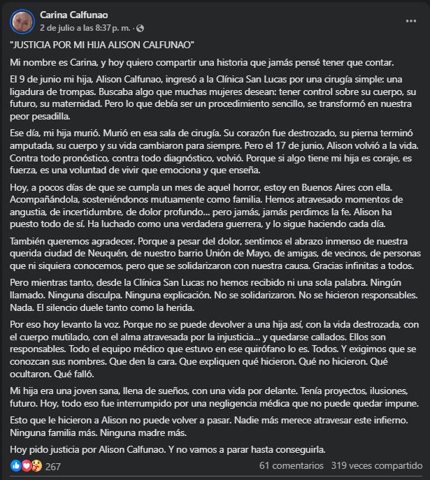 Mensaje de la madre de Alison Calfunao.