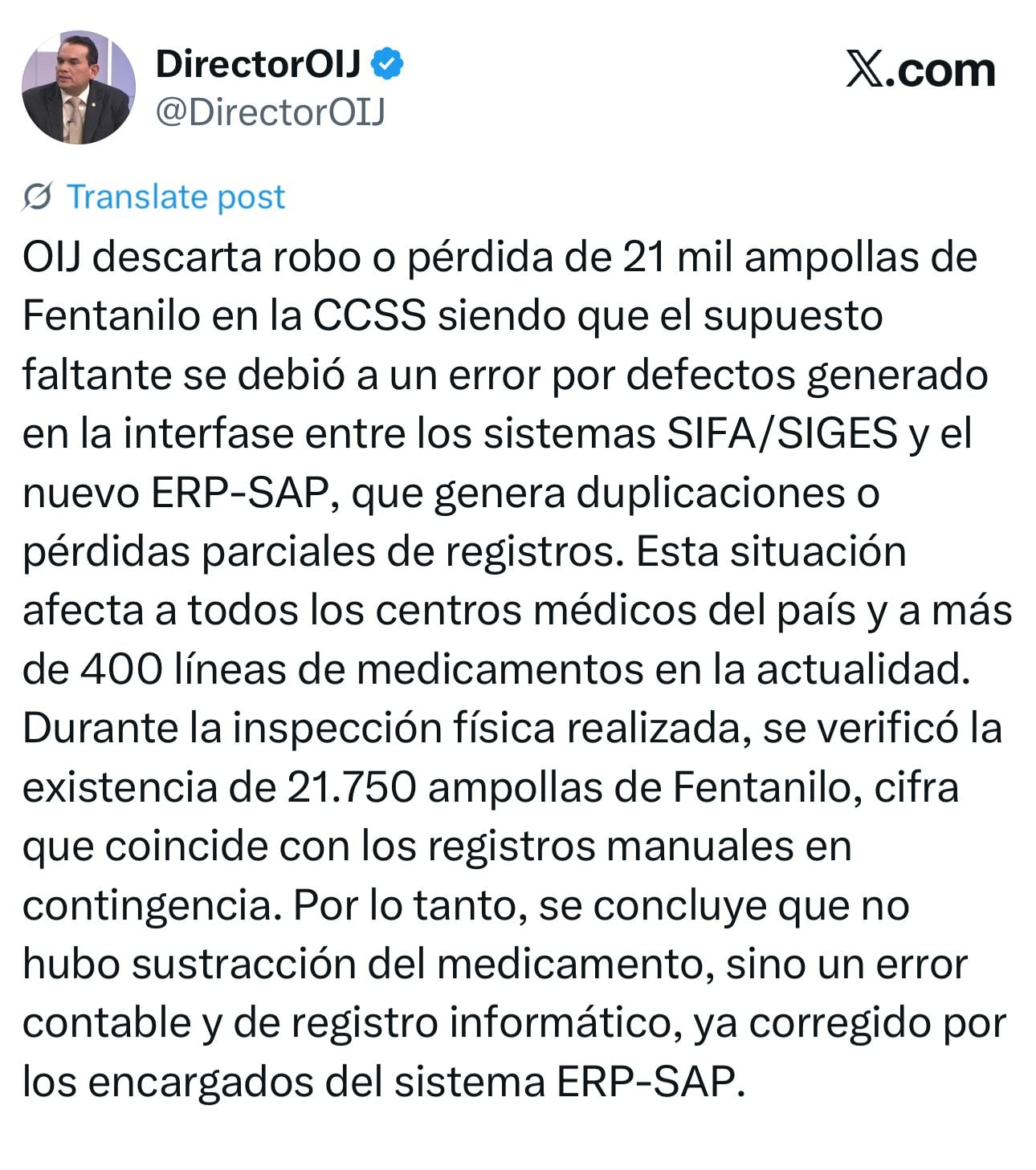 Este es el mensaje del director del OIJ en la red social X donde se refiere al fentanilo.