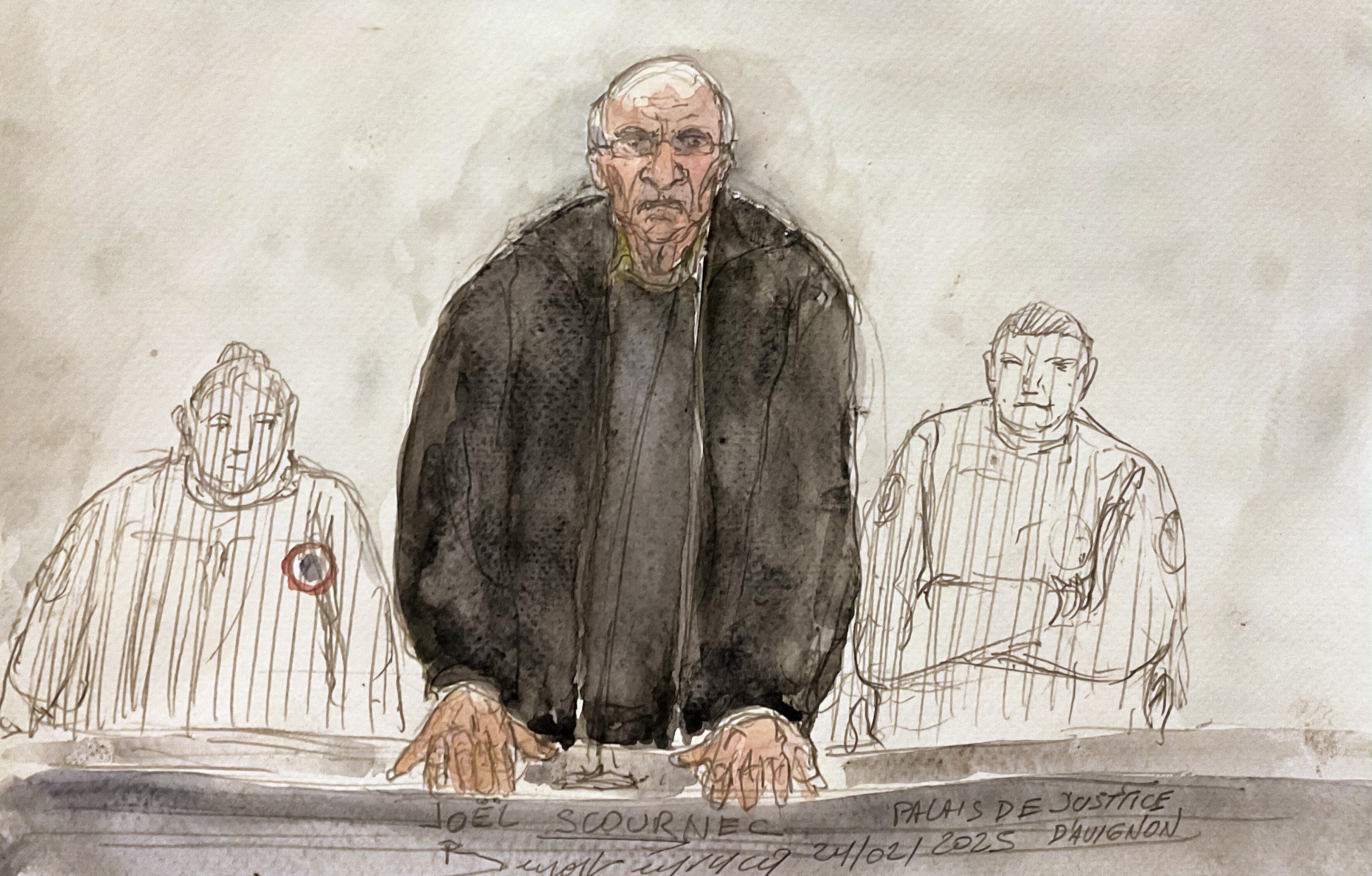 This court sketch created on February 24, 2025 shows retired surgeon Joel Le Scouarnec speaking during a hearing on the opening day of his trial on charges of assaulting or raping 299 patients at the Criminal Court in Vannes. Scouarnec, 74, faces a