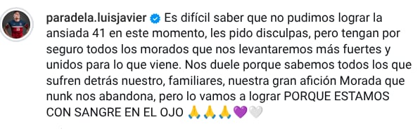 El mensaje que Luis Javier Paradela escribió en su cuenta de Instagram