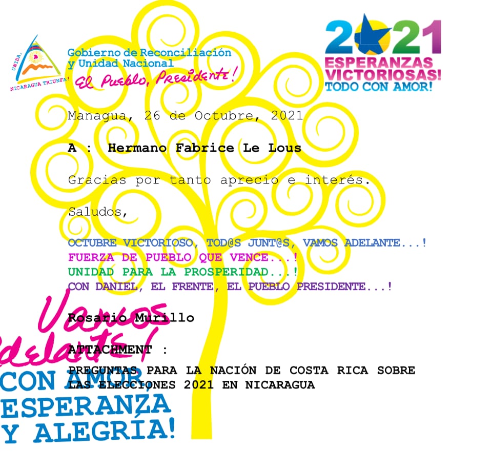 Especial Elecciones Nicaragua 2021 - Respuesta oficial de Rosario Murillo a La Nación (Fabrice Le Lous) - Las no-elecciones de Nicaragua: Daniel Ortega va por 30 años acumulados en el poder