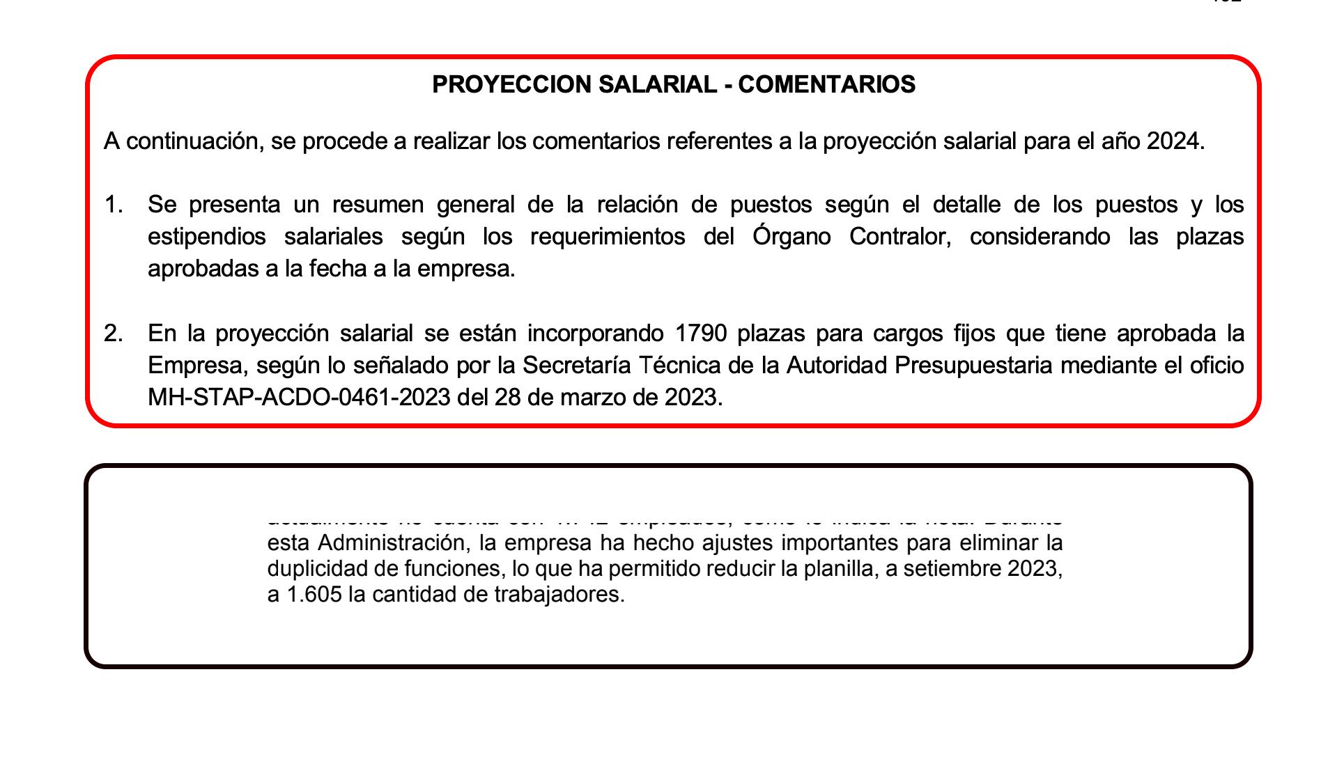 Dentro del borde rojo se lee parte de la página 92 de la sección B del Tomo II del informe de Presupuesto Inicial 2024 de Recope emitido en setiembre donde informa a la Contraloría General que para el otro año presupuesta remuneraciones para 1.790 plazas. Dentro del borde negro, la cifra de empleados que en realidad ocupaba también a setiembre anterior; según oficio enviado a La Nación. Fotografía: