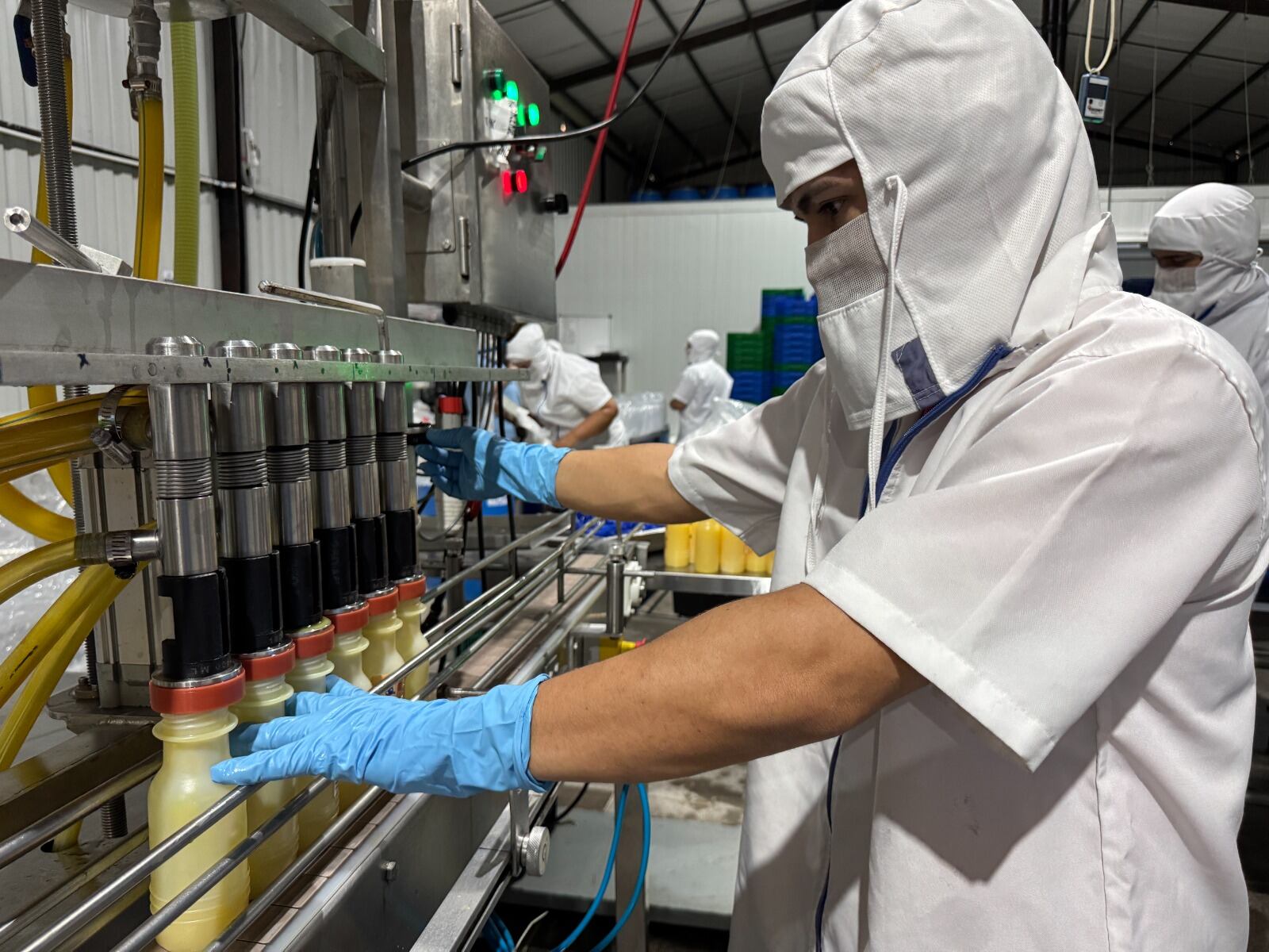 Trabajador con equipo de protección maneja la producción de jugos en la planta de Vegetales Fresquita en Guápiles, Costa Rica. La empresa se especializa en agua de pipa y vegetales procesados.