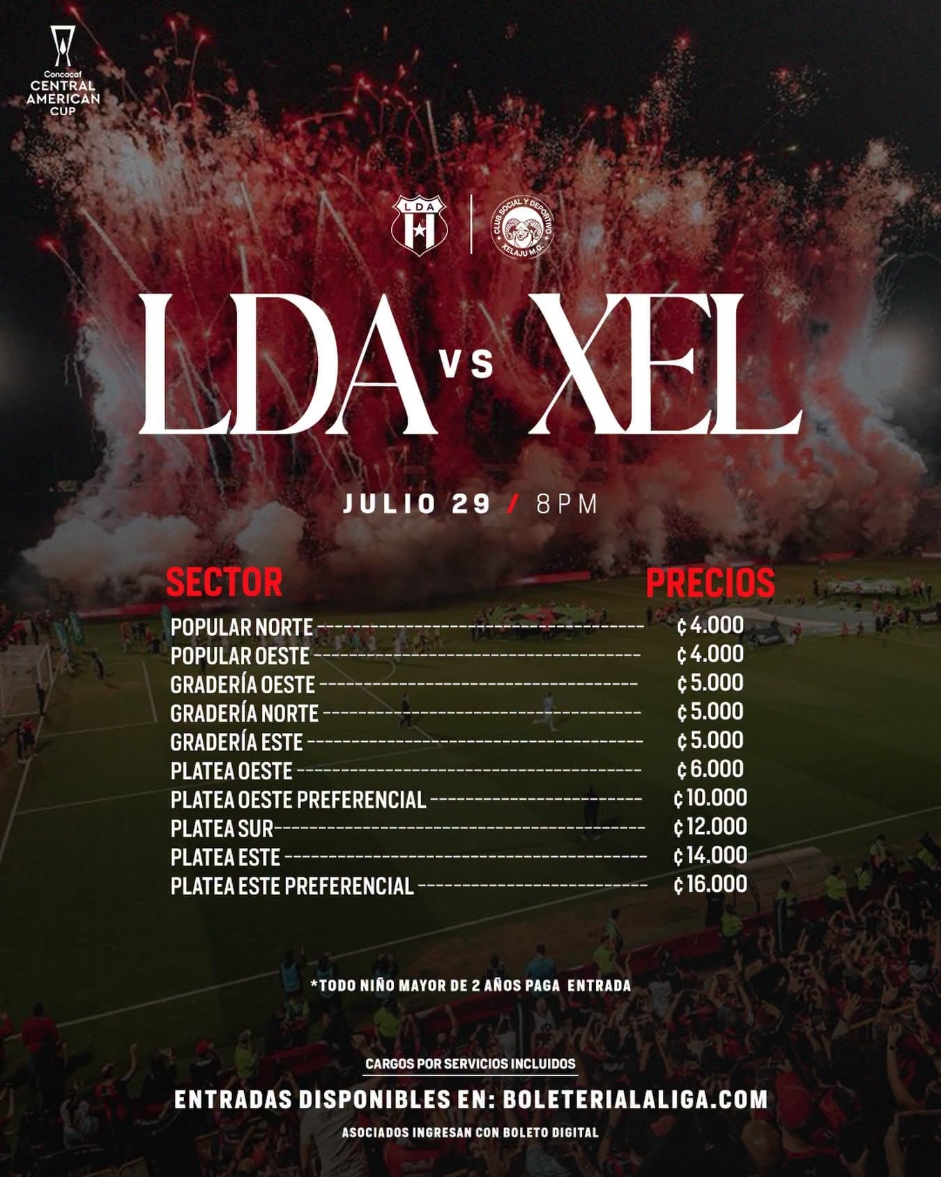 Estos son los precios de las entradas para el partido entre Liga Deportiva Alajuelense y Xelajú, en la primera jornada de la fase de grupos de la Copa Centroamericana de Concacaf.