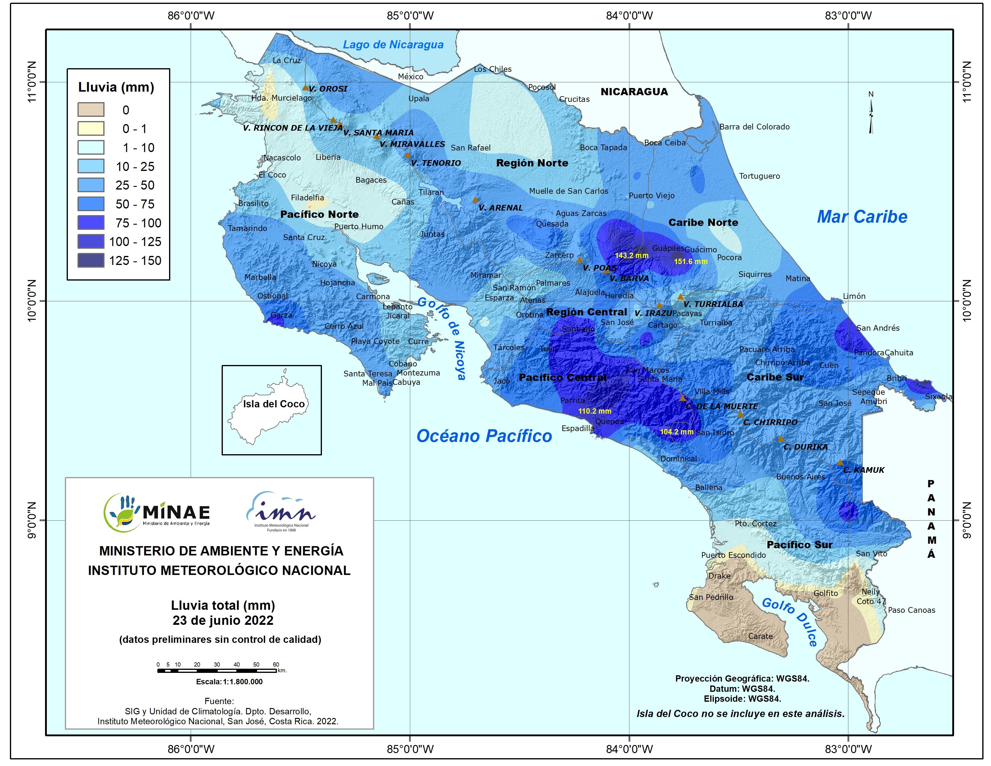 Pococí, la zona de Los Santos, Quepos y Parrita, fueron de las regiones con más lluvia el jueves. Imagen: IMN.