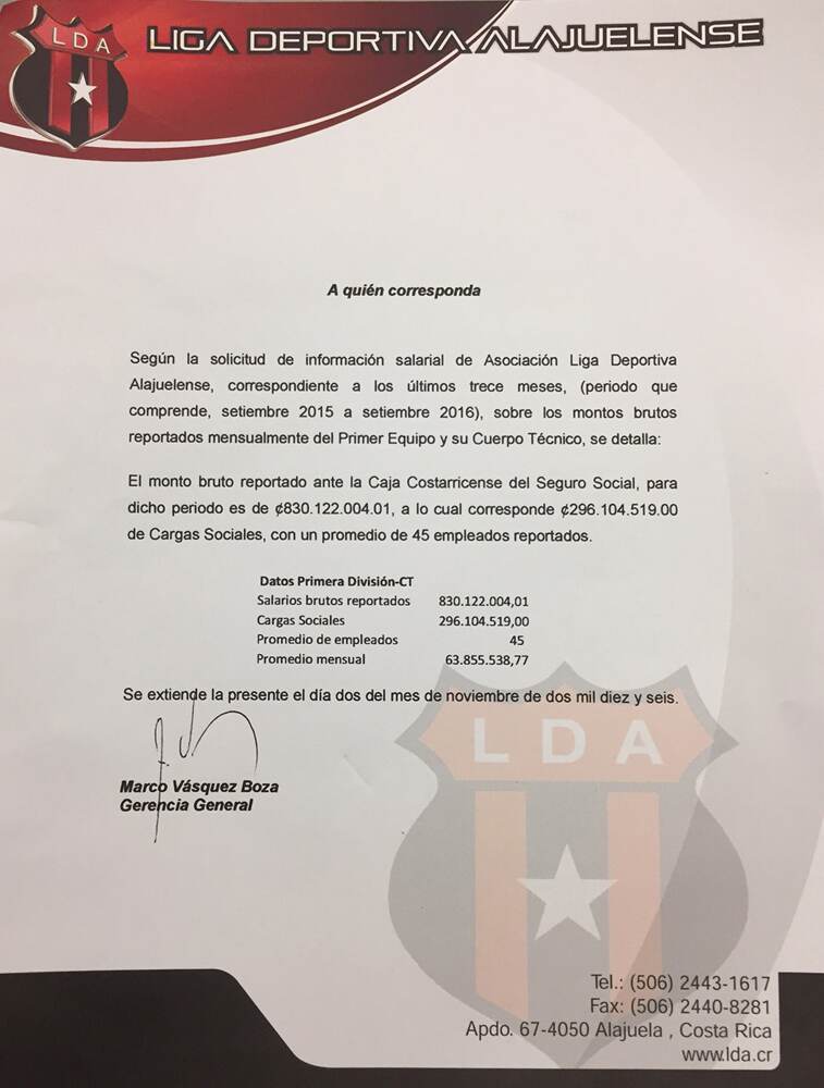 En documentos oficiales, la Liga y Saprissa desglosaron los costos de sus planillas deportivas, entre setiembre de 2015 y setiembre anterior.