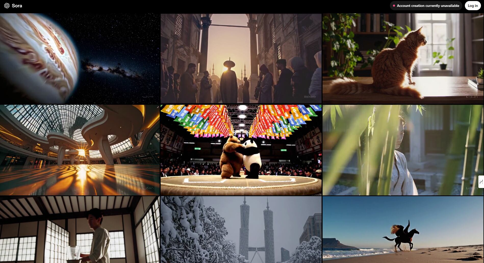 Galería de videos generados por Sora de OpenAI, destacando escenas como un paisaje espacial, un templo al atardecer, un gato junto a una ventana, una pelea de sumo entre un panda y un oso, y un caballo alado en la playa.