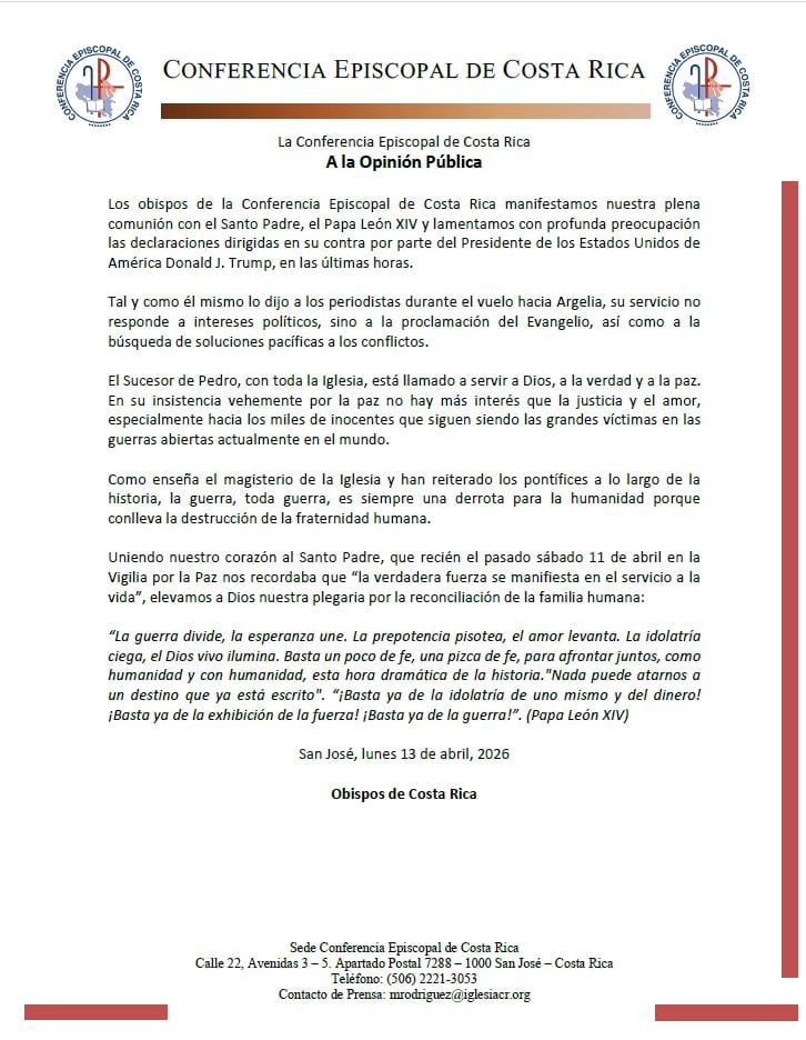 Comunicado de prensa de la Conferencia Episcopal de Costa Rica sobre el disenso entre Donald Trump y el papa León XIV.