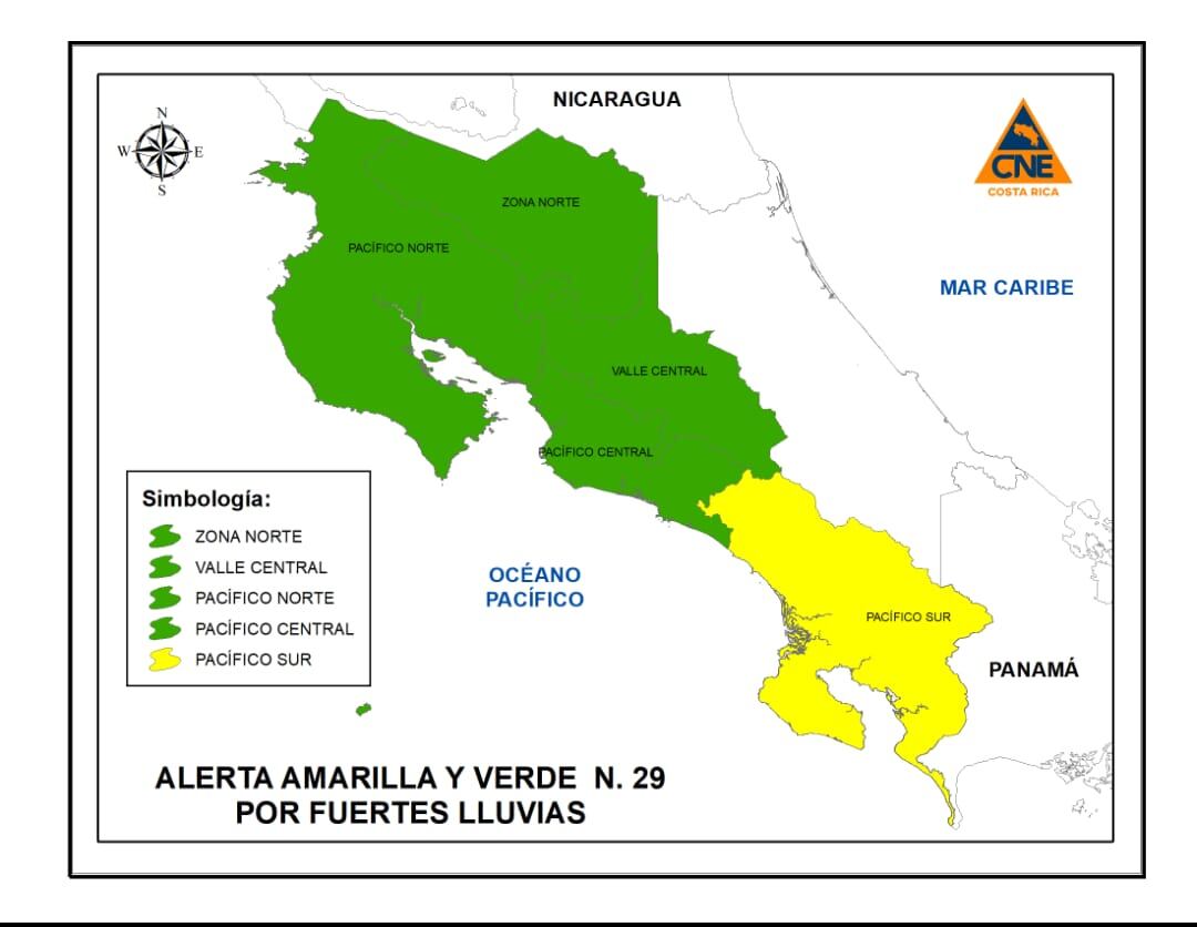 Más de la mitad del territorio está con alertas vigentes ante la posibilidad de más lluvias fuertes esta tarde, principalmente en las zonas más afectadas. Ilustración CNE.