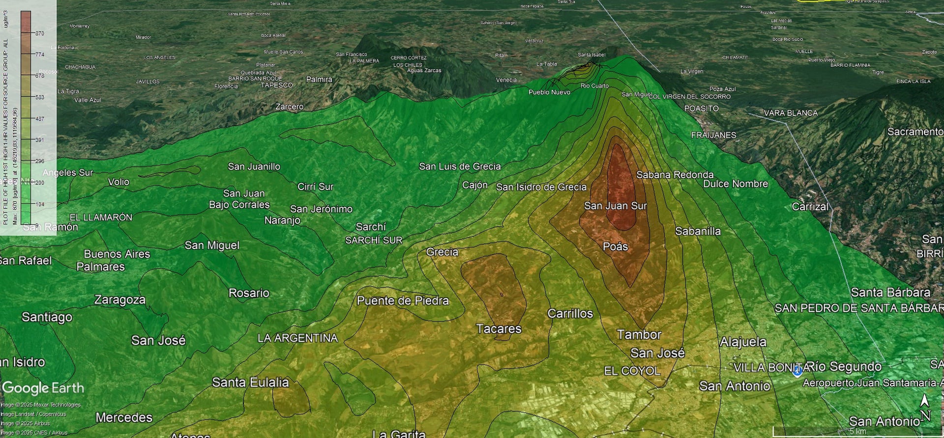 Sitios afectados por gases y cenizas del Poás. En rojo más afectación, en amarilla media y baja en verde, según mapas modelados por el Laboratorio de Química de la Atmósfera de la Escuela de Química y del Observatorio Vulcanológico y
Sismológico de Costa Rica de la UNA.