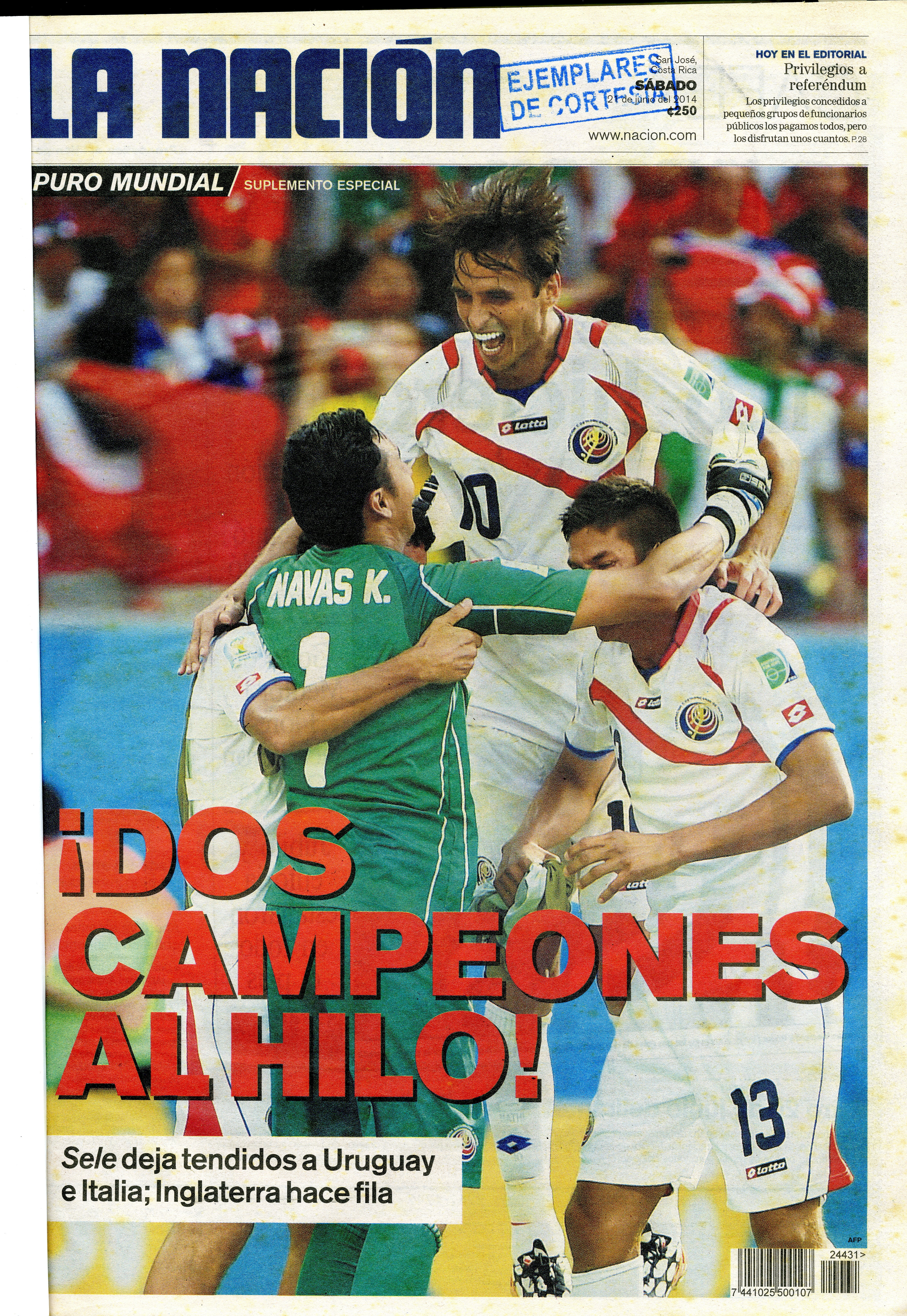 Partido Costa Rica vs. Italia en el Mundial de Brasil 2014. / Archivo LN