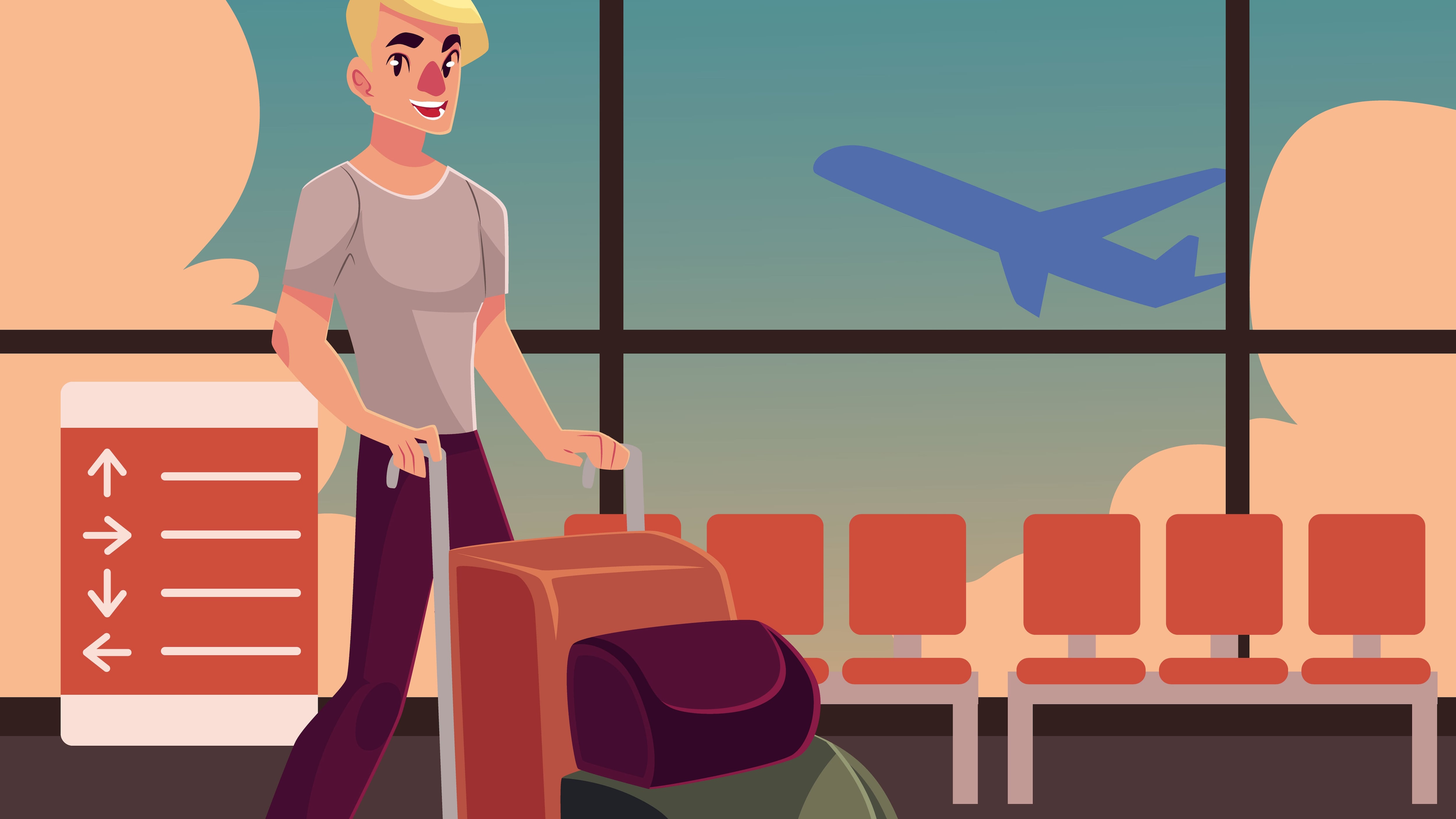 Joven empujando carrito con varias valijas y maletas en sala de espera de aeropuerto