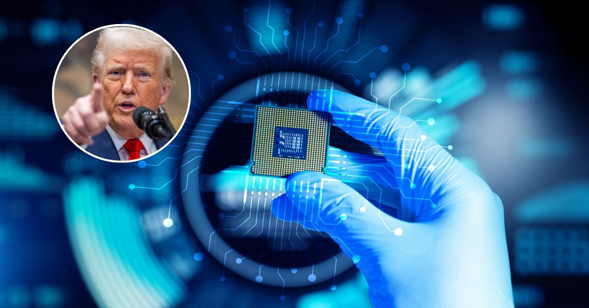 Mano con guante sostiene un microchip sobre un fondo tecnológico. En la esquina, una imagen de Donald Trump destaca su propuesta de derogar la Ley de Chips, afectando el desarrollo de semiconductores en Costa Rica.