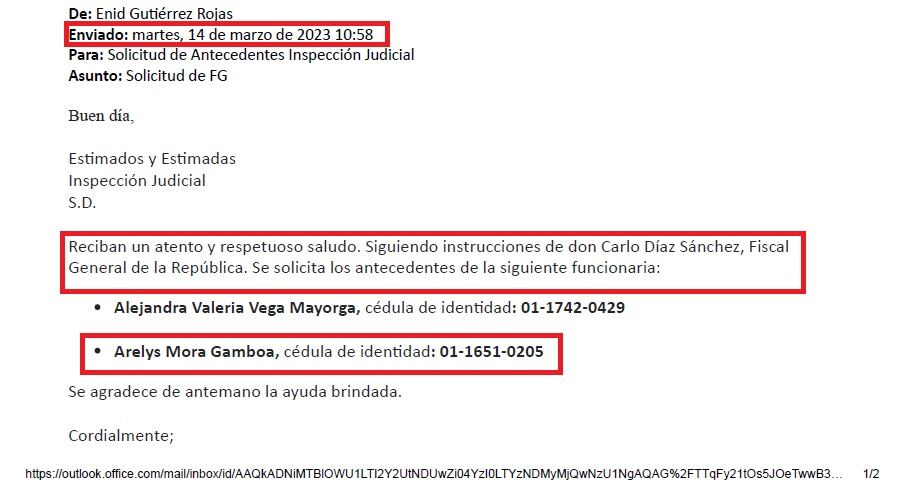 Carlo Díaz, fiscal general, correo electrónico, Arelys Mora
