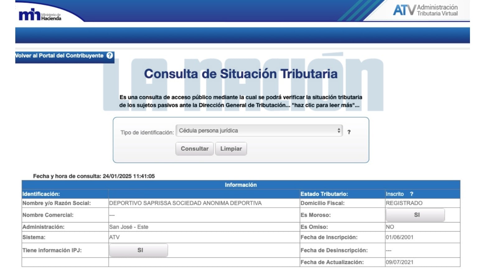 Consulta de situación tributaria del Deportivo Saprissa, mostrando que el club figura como moroso ante la Dirección General de Tributación según la consulta realizada el 24 de enero de 2025.