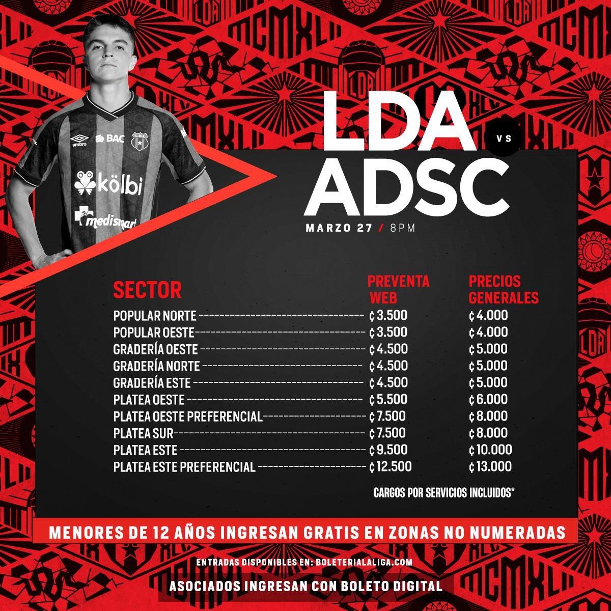 Este es el precio de las entradas para el partido entre Liga Deportiva Alajuelense y San Carlos.