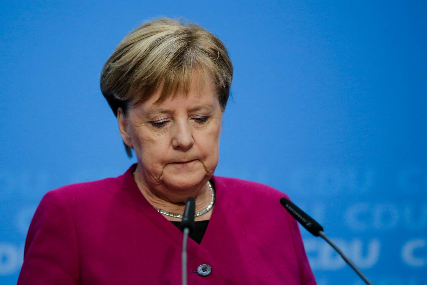 German Christian Democratic Party, CDU, chairwoman and Chancellor Angela Merkel addresses the media during a news conference after a party's leaders meeting at the headquarters the in Berlin, Germany, Monday, Oct. 29, 2018. (AP Photo/Markus Schreiber)