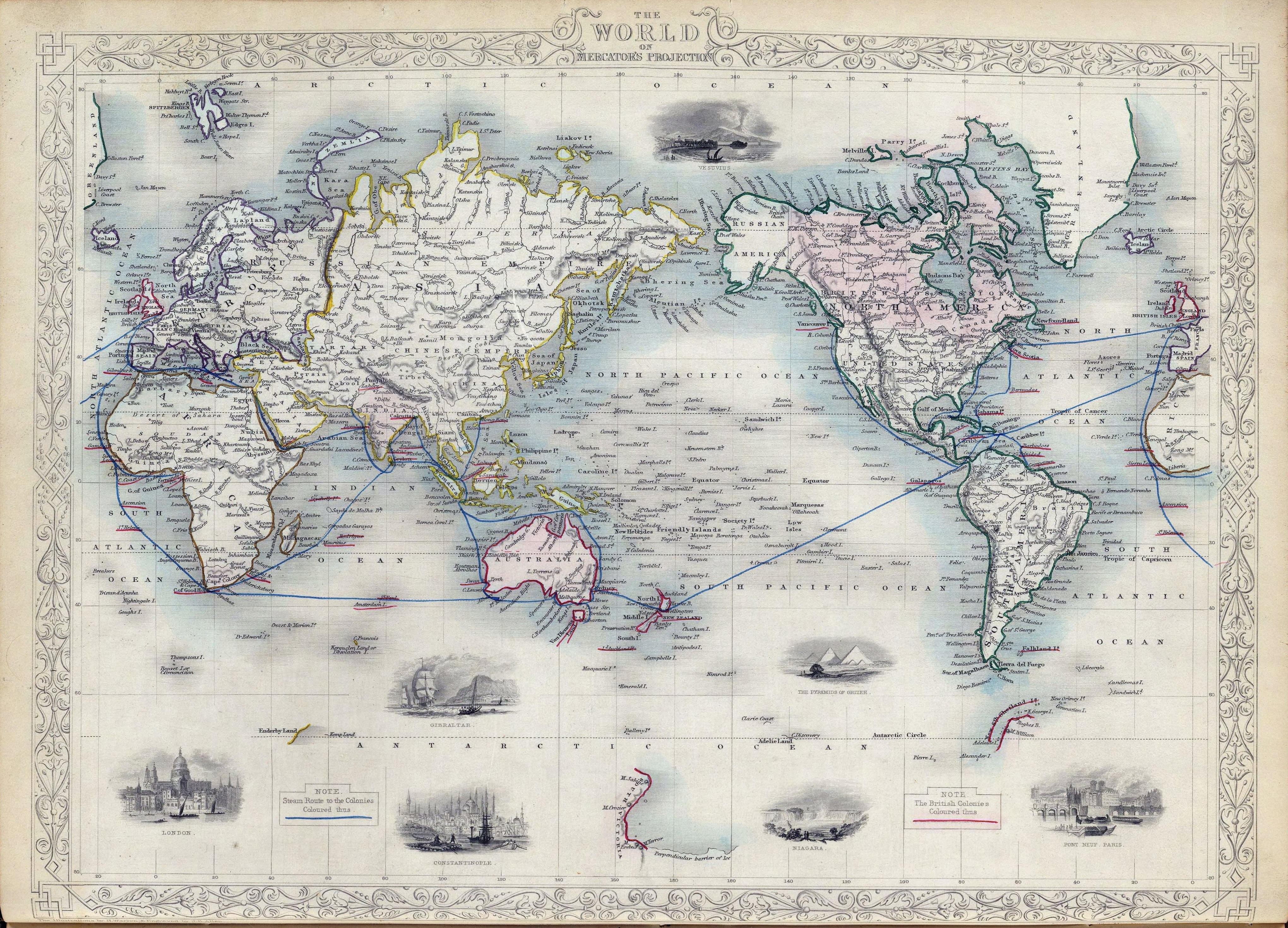 Mapa antiguo del mundo en proyección de Mercator, con las principales rutas comerciales, publicado en Londres a mediados del siglo XIX.