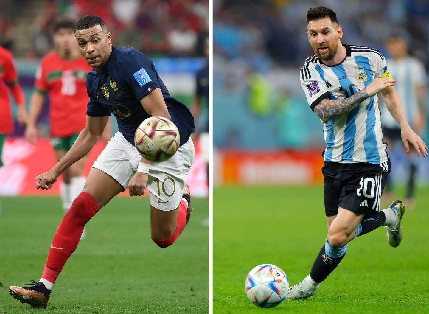 (COMBO) This combination photo created on December 15, 2022 during the Qatar 2022 World Cup football tournament shows France's forward Kylian Mbappe (L) at the Al-Bayt Stadium in Al Khor, north of Doha on December 14, 2022 and Argentina's forward Lionel Messi at the Ahmad Bin Ali Stadium in Al-Rayyan, west of Doha on December 3, 2022. - Argentina will play France in the Qatar 2022 World Cup football final match in Doha on December 18, 2022. (Photo by Odd ANDERSEN / AFP)