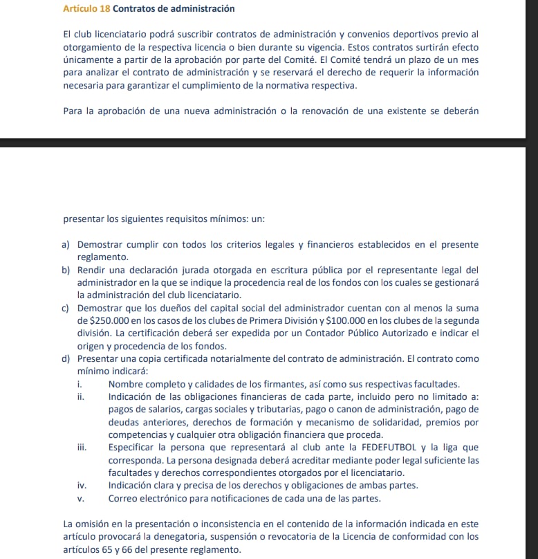 Este es el artículo 18 del Reglamento de Licencias de la Fedefútbol.