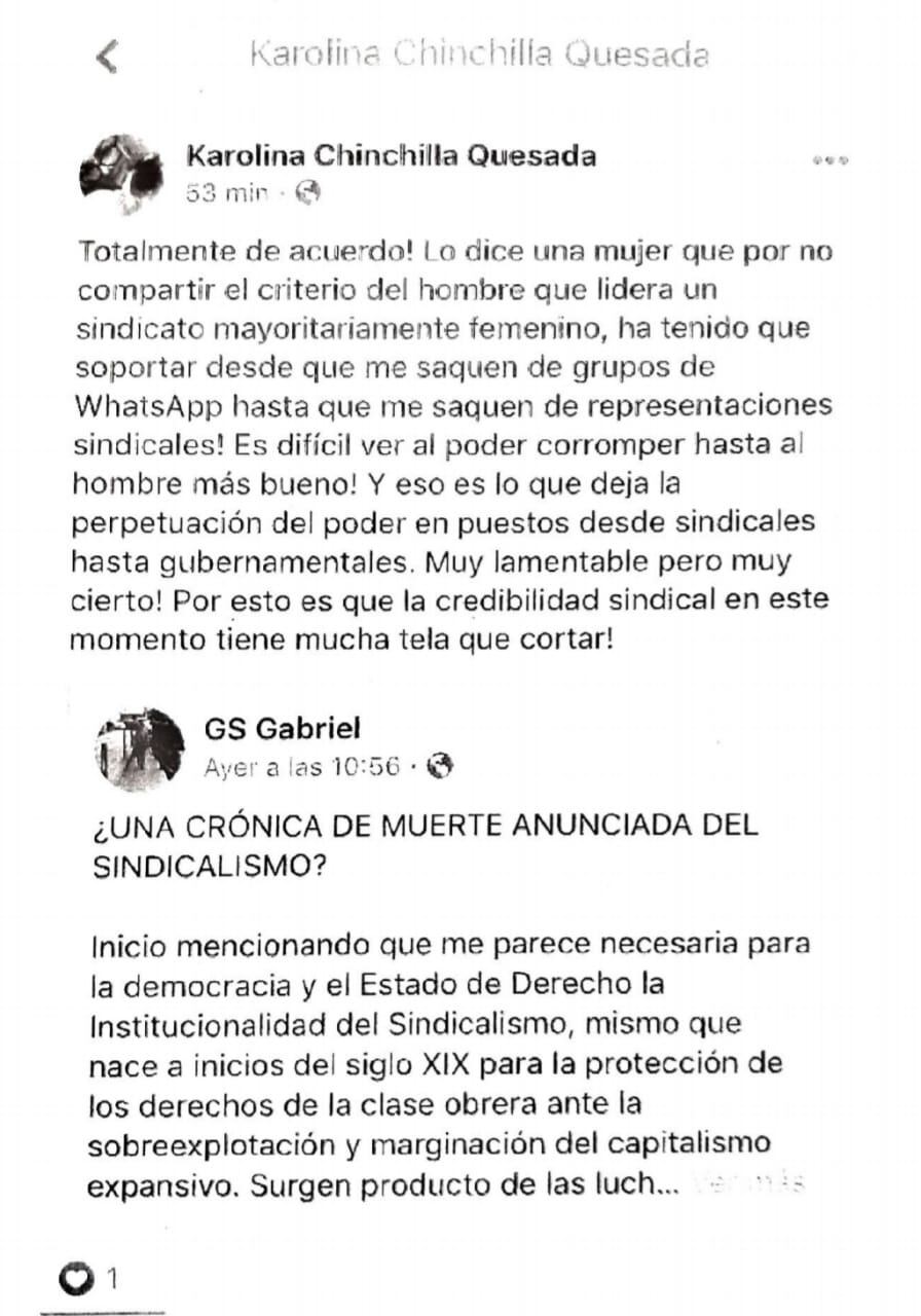 Según Lenín Hernández, secretario general del Sinae, publicaciones como esta, hecho por Karolina Chinchilla en su Facebook, ensucian el buen nombre del sindicato.
