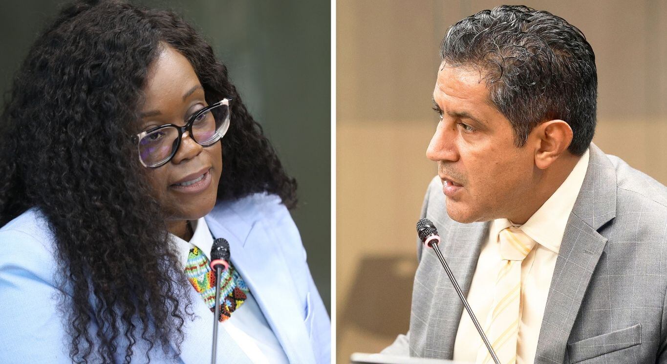 Angie Cruickshank, defensora de los Habitantes, y Nogui Acosta, ministro de Hacienda.