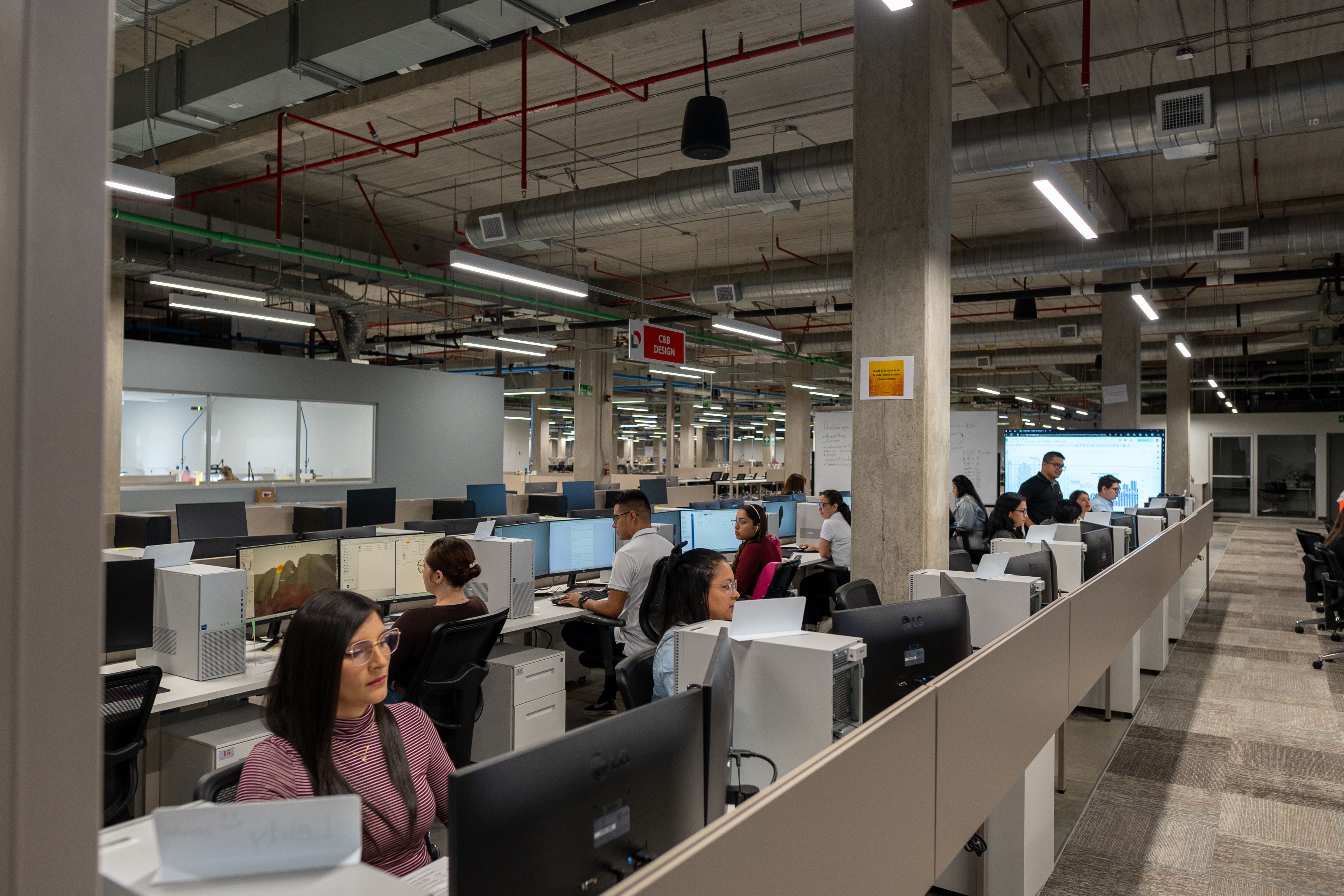 Oficina con varias personas trabajando en computadoras durante su jornada laboral.