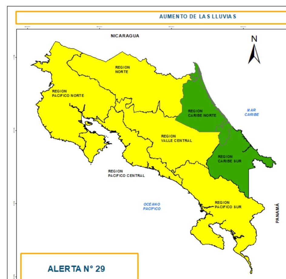 El giro centroamericano generó una alerta amarilla en casi toda Costa Rica. El Pacífico tendrá las lluvias más fuertes y se extenderán hasta el lunes. Imagen: CNE.