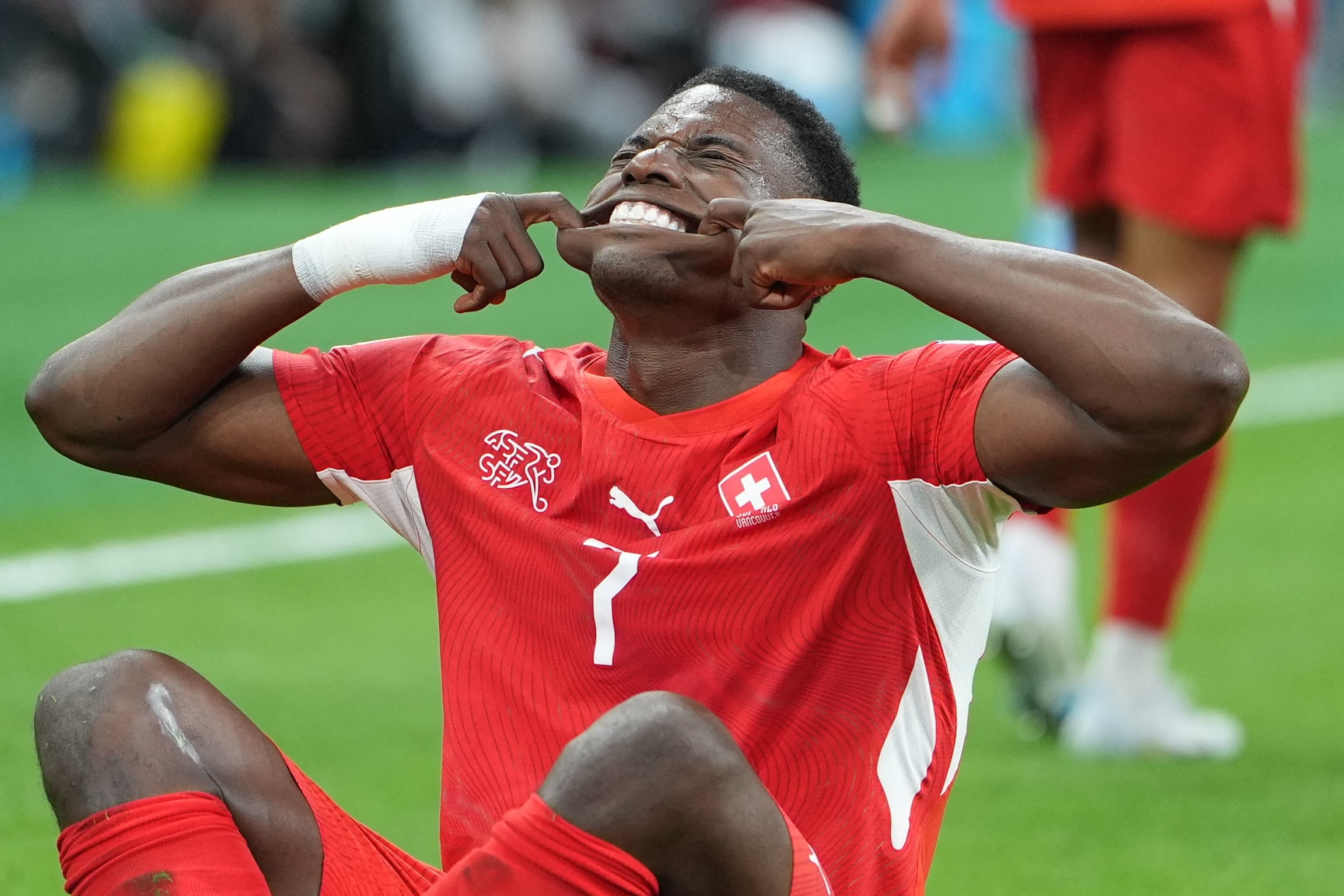 VANCOUVER, CANADA - JULY 02: Breel Embolo (7) of Switzerland celebrates after scoring a goal during the 2026 FIFA World Cup Round of 32 match between Switzerland and Algeria at BC Place (Vancouver Stadium) in Vancouver, British Columbia, Canada on July 02, 2026. Ercin Erturk / Anadolu (Photo by Ercin Erturk / Anadolu via AFP)