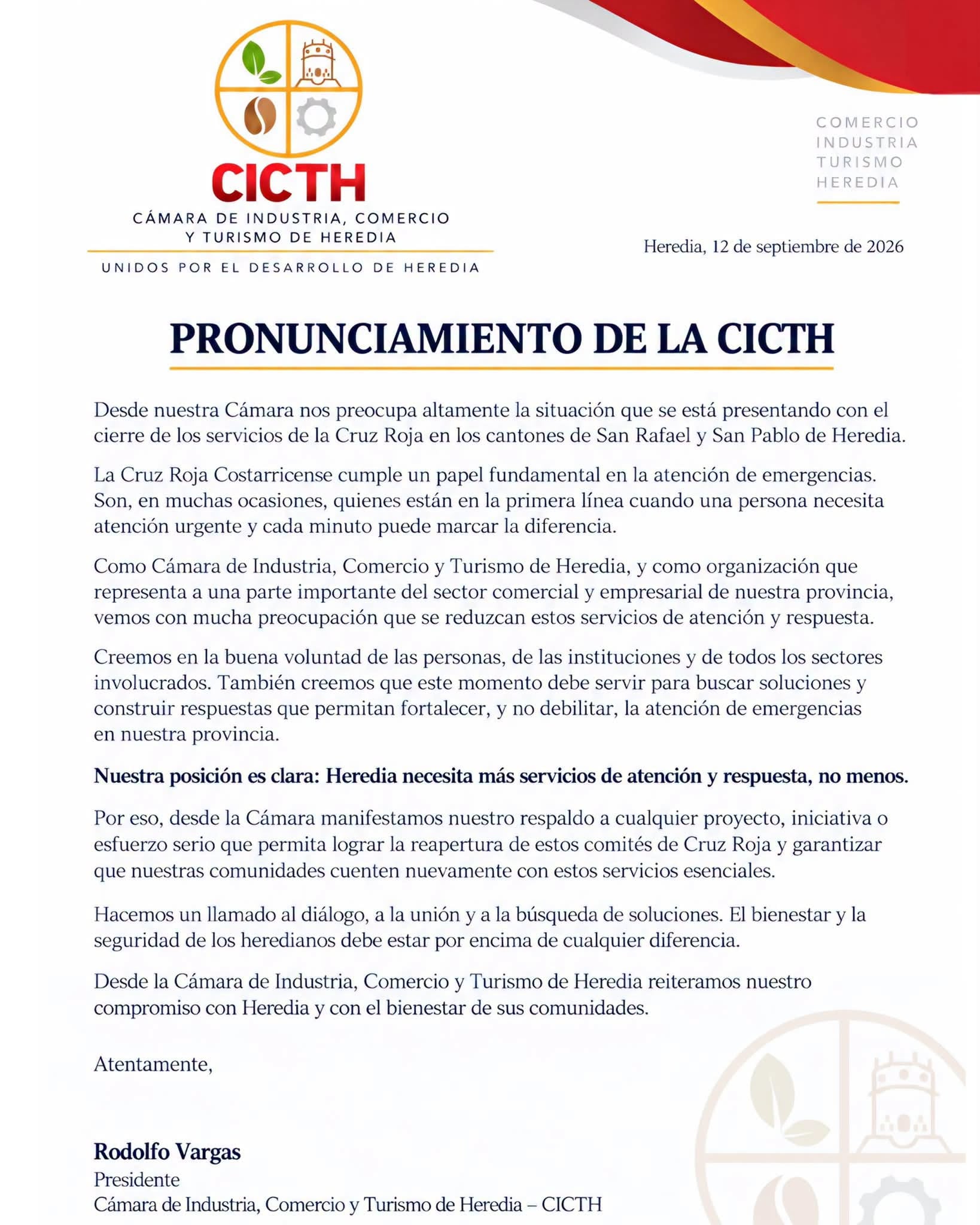 CICTH se pronuncia tras cierre de comités de Cruz Roja en Heredia