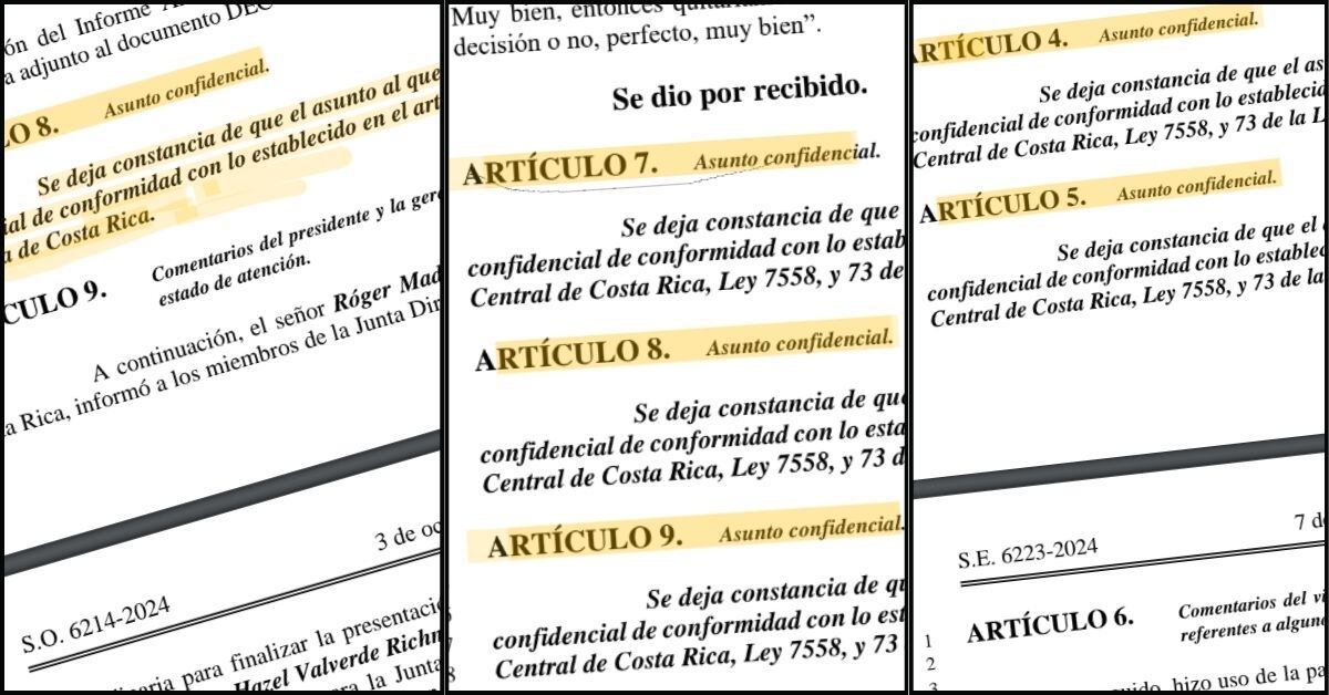 Pantallazo de las actas de la Junta Directiva del Banco Central en las que se trataron temas confidenciales.